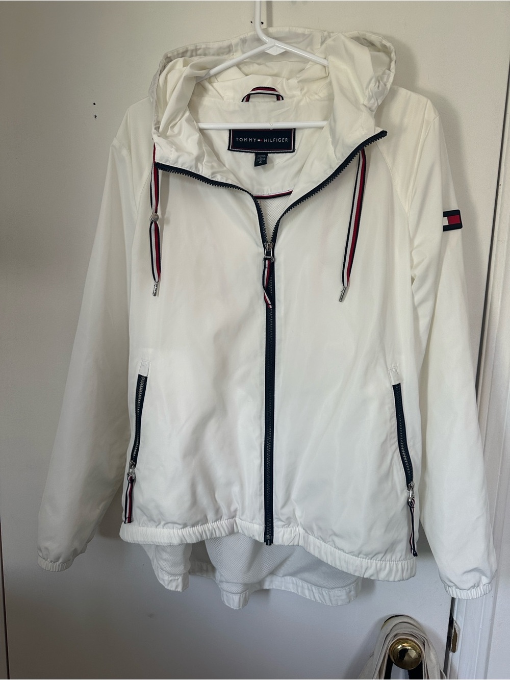 Tommy Hilfiger White Hooded Utility Windbreaker with Ribbon Trim